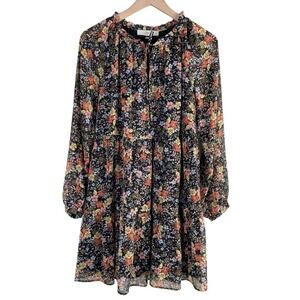 LOFT Floral Long Sleeve Sheer Tiered‎ Swing Dress in Orange and Black, Size MP